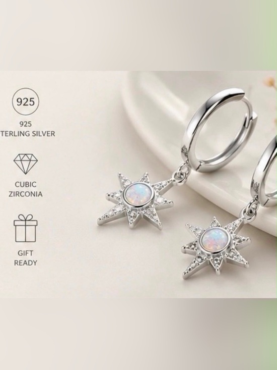 925 Sterling Silver Jewelry - Sterling Silver Opal Starburst Hoop Earrings